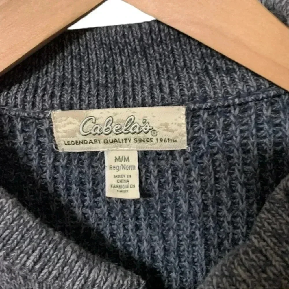 Cabelas Sweater Mens Gray Buttons Medium Knit Cotton Vintage Pullover Cozy